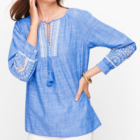 Talbots Top Womens MP Blue Embroidered Tassel Tie Chambray 100% Cotton Blouse - Picture 2 of 14